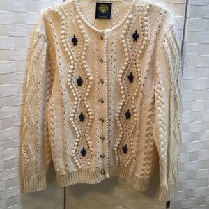 Cream Cardigan Sweater with Blue Accents